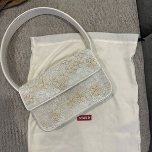 Staud White and Cream Floral Embroidered Tommy Bag